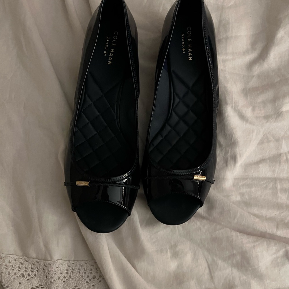 Cole Haan peep toe navy wedge.
